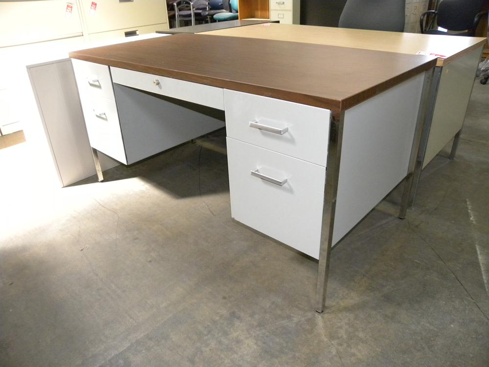 white desk with walnut top