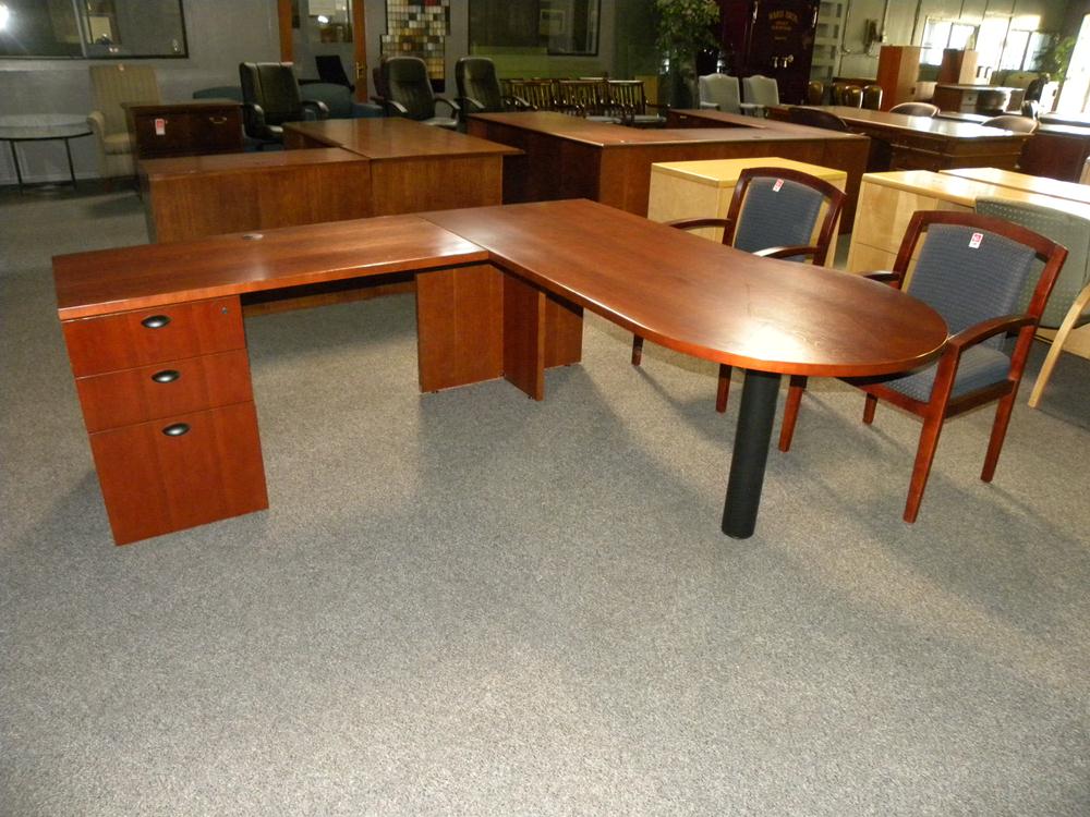 Used L Shape American Wood Veneer Peninsula Desk By Kimball